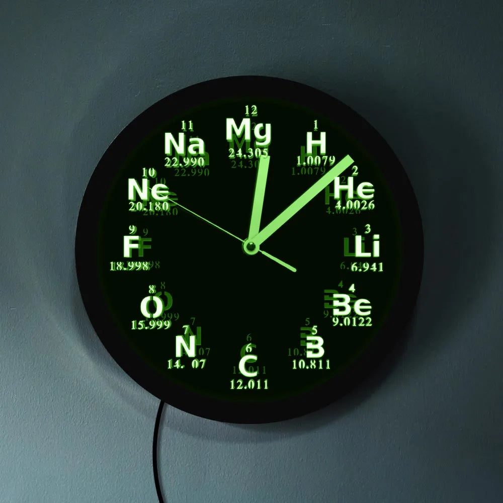 Periodic Table Element Wall Clock Science Chemical Elements LED Neon Lighting Wall Art Watch Chemistry Science Teachers Gift