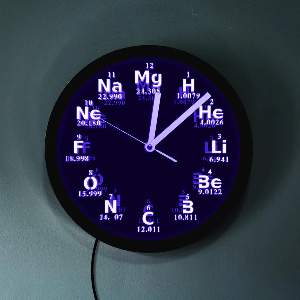 Periodic Table Element Wall Clock Science Chemical Elements LED Neon Lighting Wall Art Watch Chemistry Science Teachers Gift