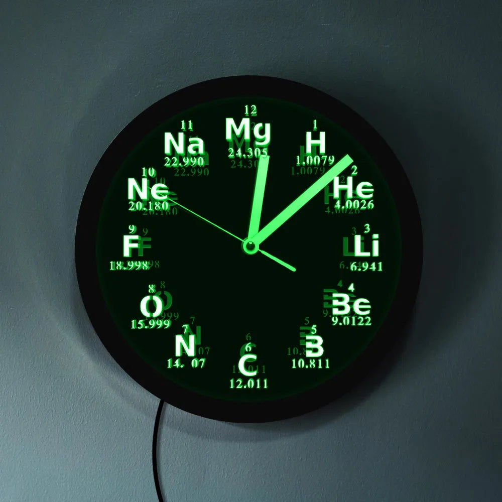 Periodic Table Element Wall Clock Science Chemical Elements LED Neon Lighting Wall Art Watch Chemistry Science Teachers Gift