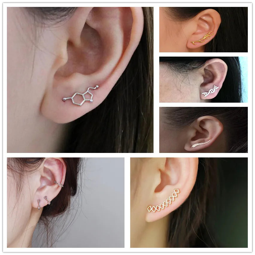 Trendy Serotonin Molecule DNA Ear Climbers Earrings For Girls Geometry Ear Jackets Chemical Molecules Ear Crawler Pendients