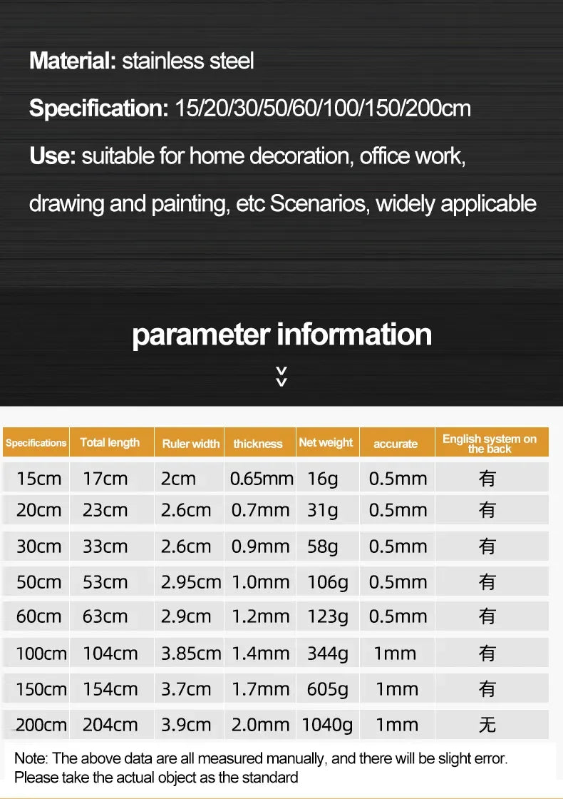 15cm/20cm/30cm/50cm Stainless Straight Ruler Steel Double Side Centimeter Inches Scale Metric Ruler Tool School Supplies Rulers