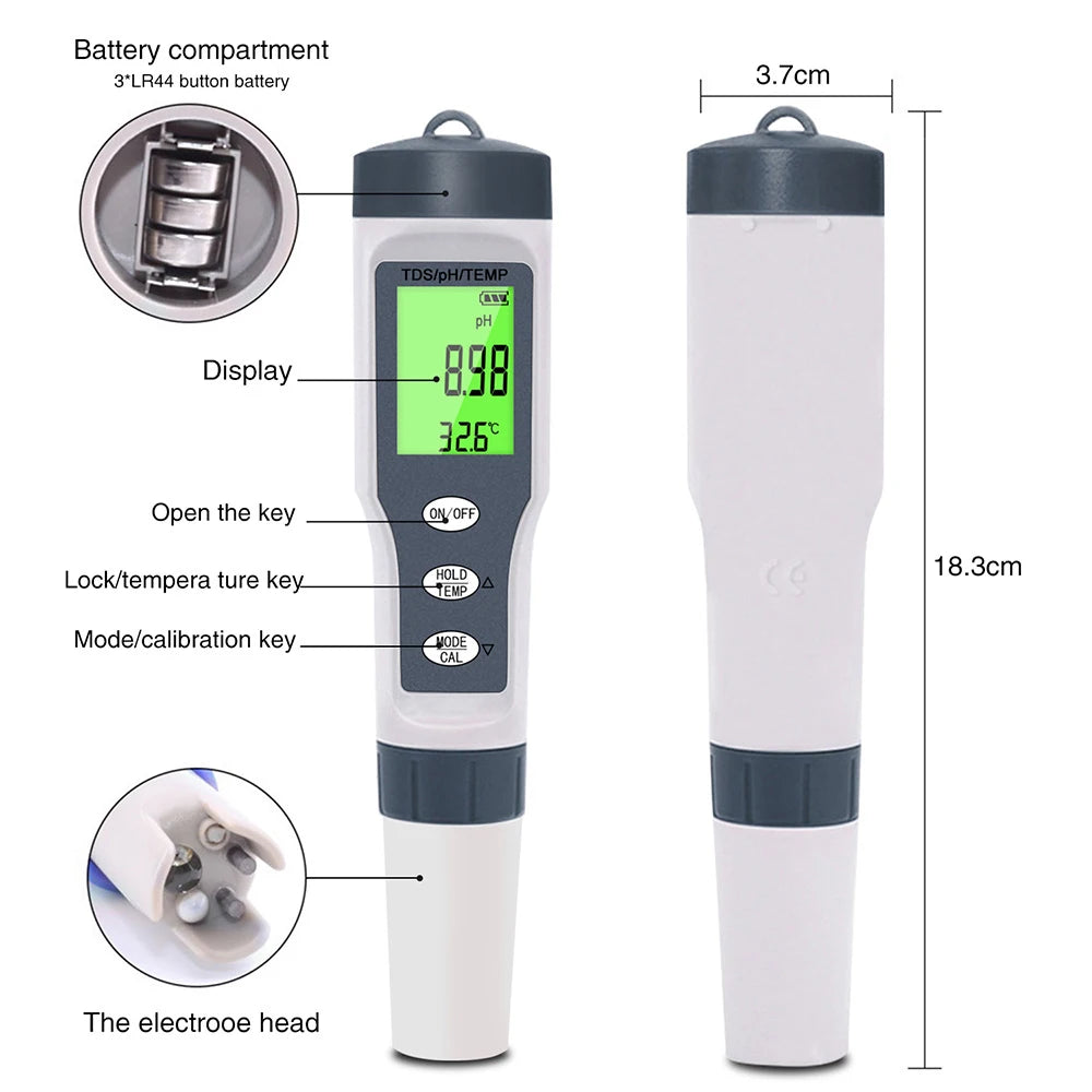 3 IN 1 PH Meter Water Quality Tester pH/TDS/TEMP Digital LCD EZ 9901 Monitor Tester For Pools, Drinking Water, Aquariums