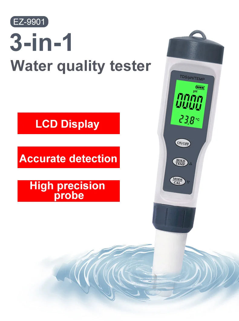 3 IN 1 PH Meter Water Quality Tester pH/TDS/TEMP Digital LCD EZ 9901 Monitor Tester For Pools, Drinking Water, Aquariums
