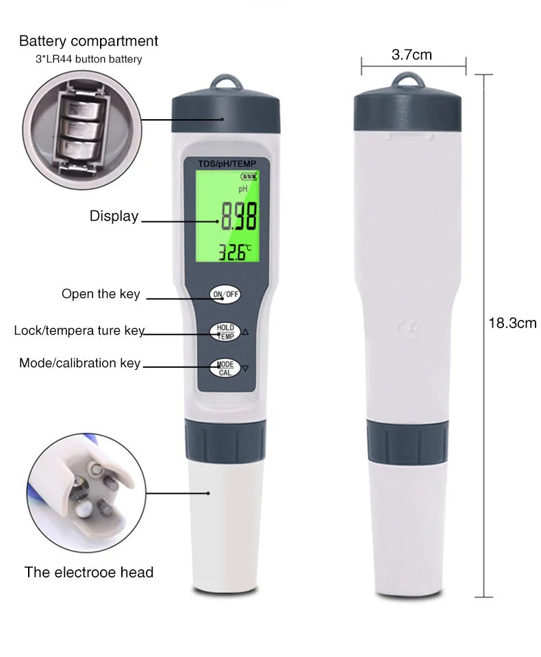 3 IN 1 PH Meter Water Quality Tester pH/TDS/TEMP Digital LCD EZ 9901 Monitor Tester For Pools, Drinking Water, Aquariums