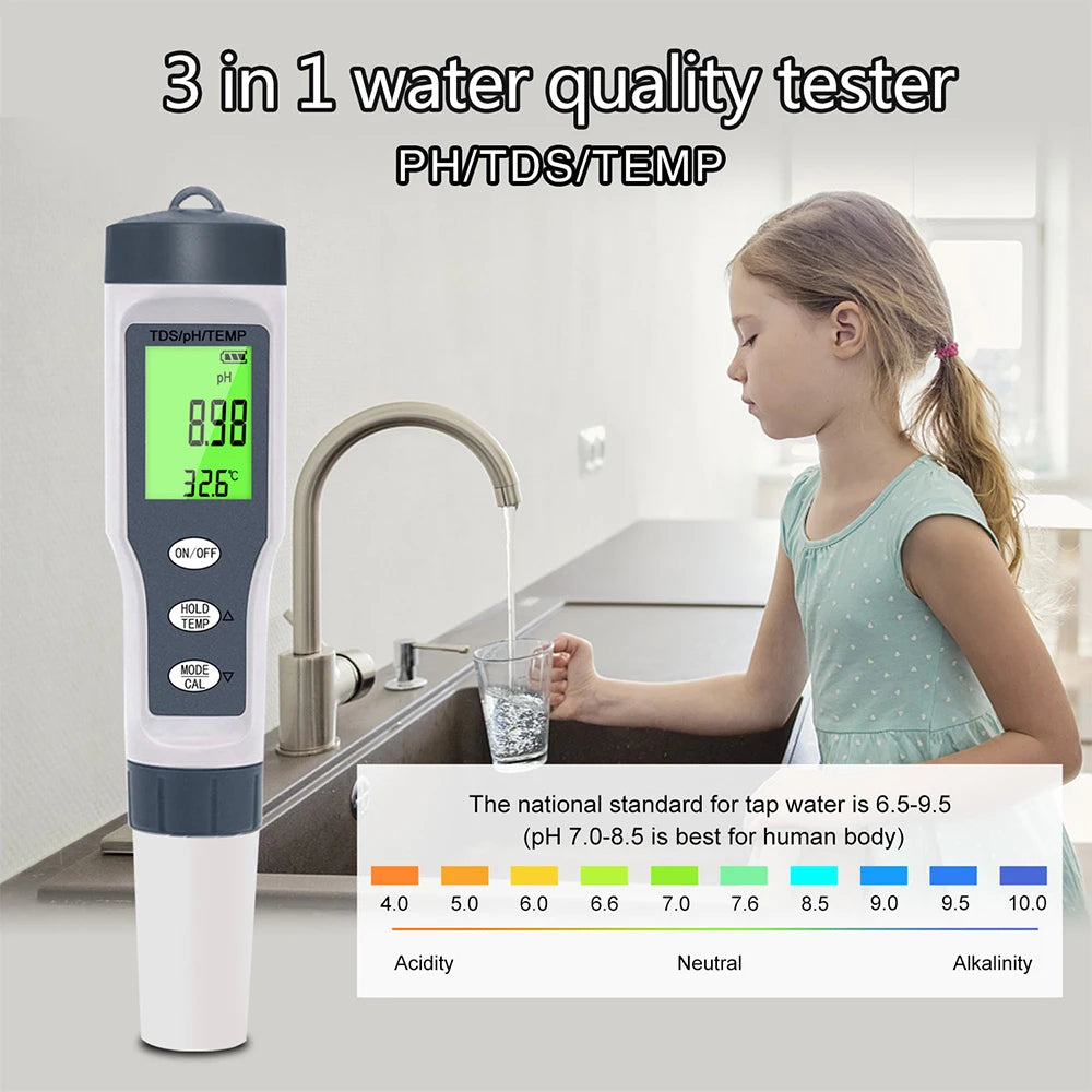 3 IN 1 PH Meter Water Quality Tester pH/TDS/TEMP Digital LCD EZ 9901 Monitor Tester For Pools, Drinking Water, Aquariums
