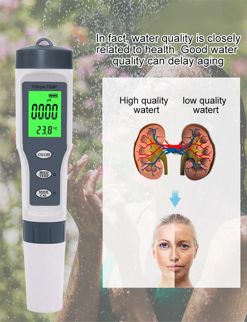 3 IN 1 PH Meter Water Quality Tester pH/TDS/TEMP Digital LCD EZ 9901 Monitor Tester For Pools, Drinking Water, Aquariums