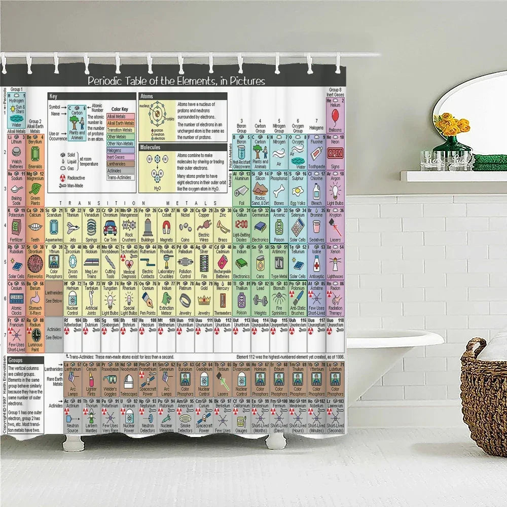 Periodic Table of Elements Bathroom Curtains Waterproof 3D Print Shower Curtain White Fabric Curtain