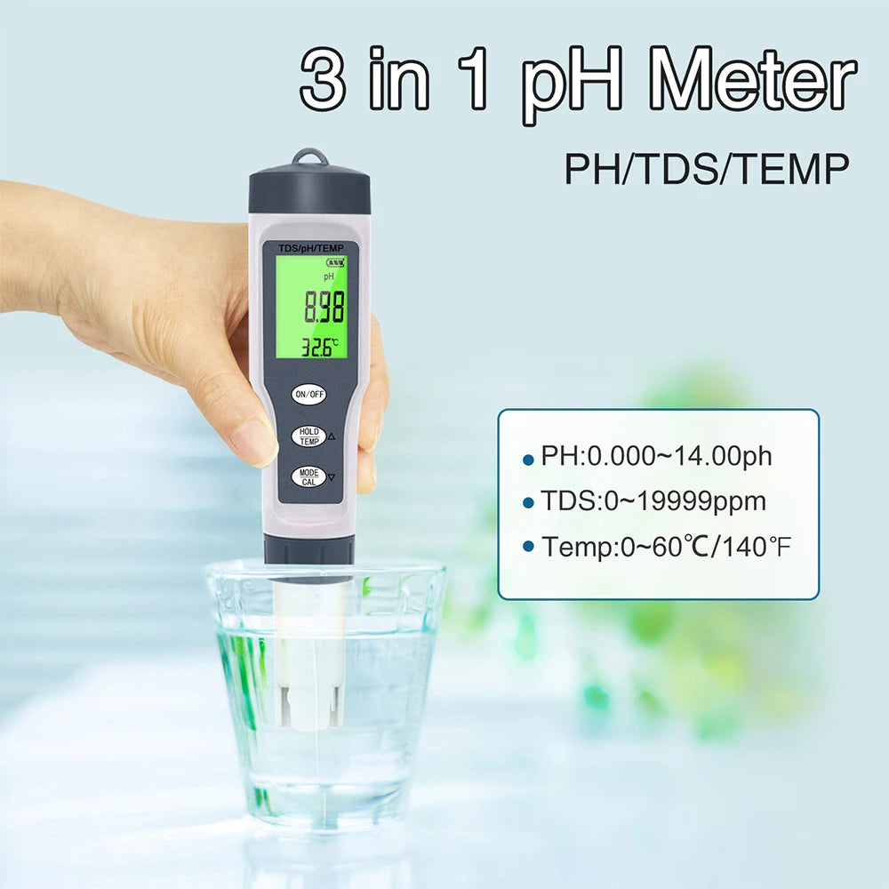 3 IN 1 PH Meter Water Quality Tester pH/TDS/TEMP Digital LCD EZ 9901 Monitor Tester For Pools, Drinking Water, Aquariums