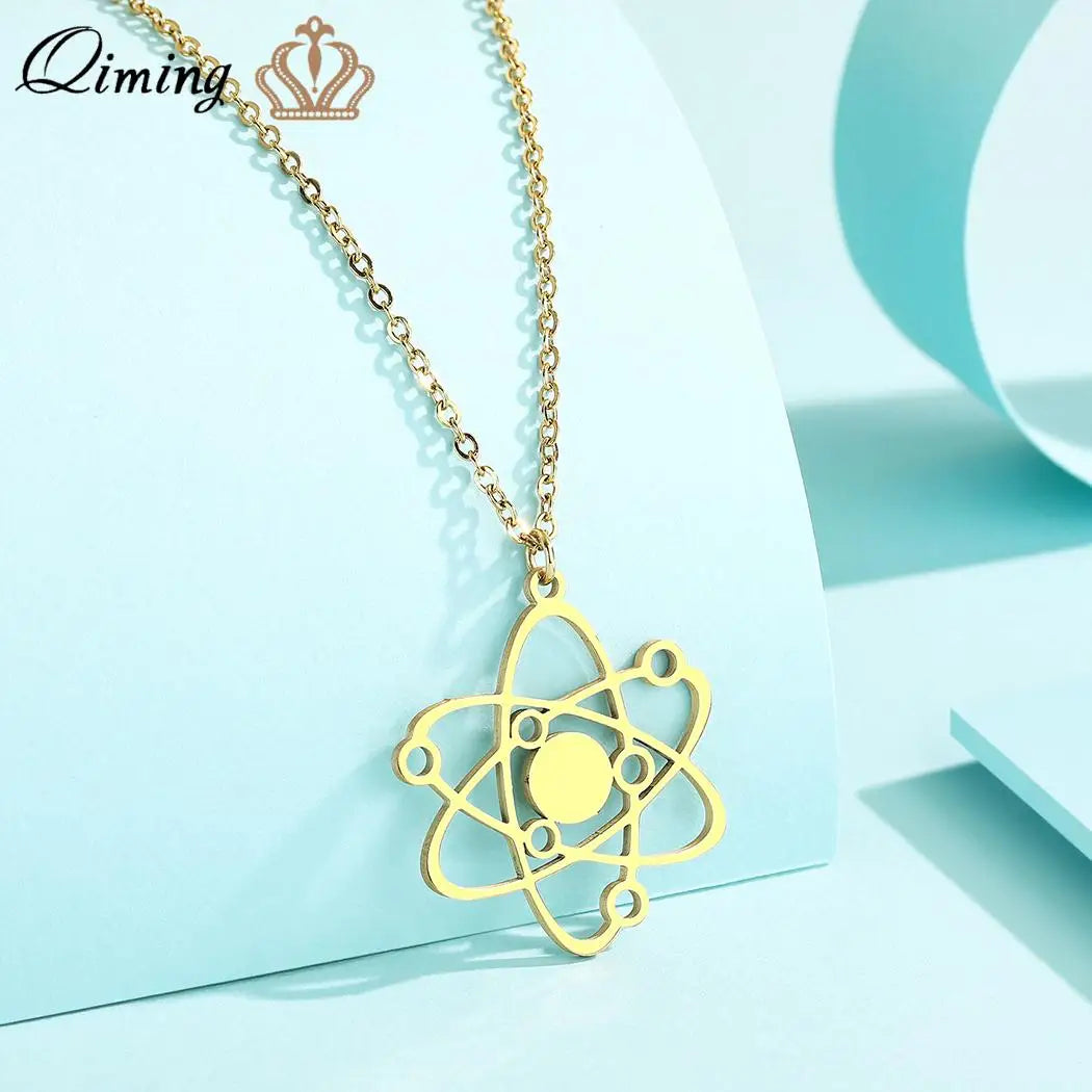 QIMING Stainless Steel Carbon Atom Pendant Necklace For Women Planet Physics Science Jewelry Greek Necklace Gift