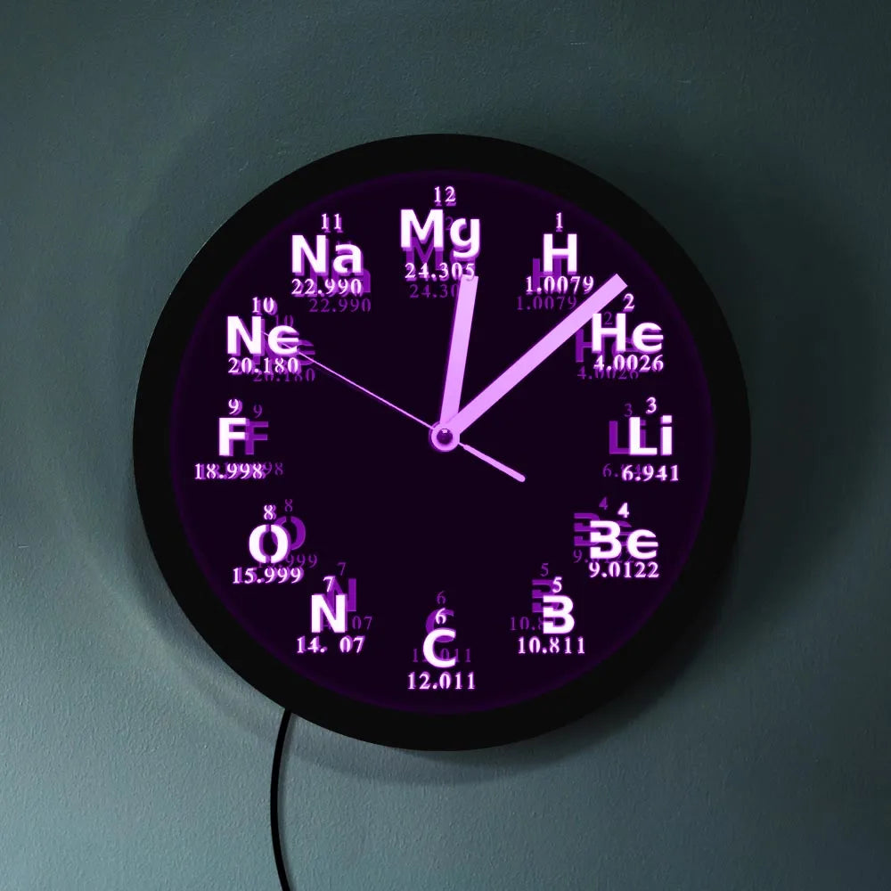Periodic Table Element Wall Clock Science Chemical Elements LED Neon Lighting Wall Art Watch Chemistry Science Teachers Gift