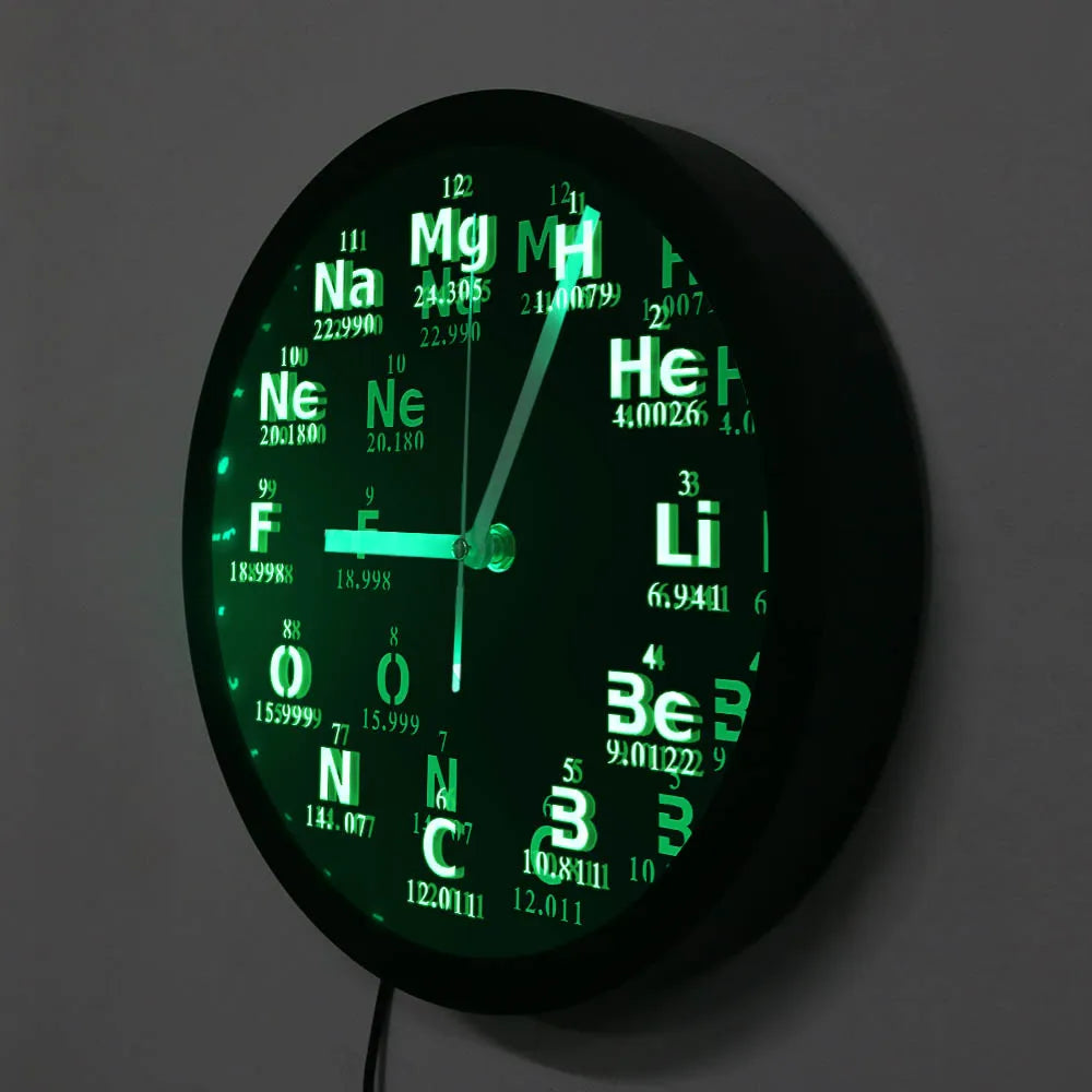 Periodic Table Element Wall Clock Science Chemical Elements LED Neon Lighting Wall Art Watch Chemistry Science Teachers Gift