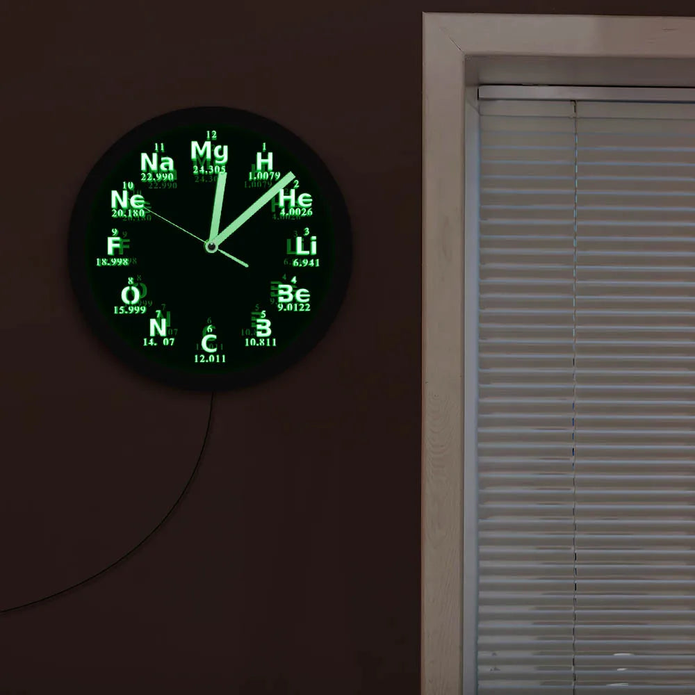 Periodic Table Element Wall Clock Science Chemical Elements LED Neon Lighting Wall Art Watch Chemistry Science Teachers Gift