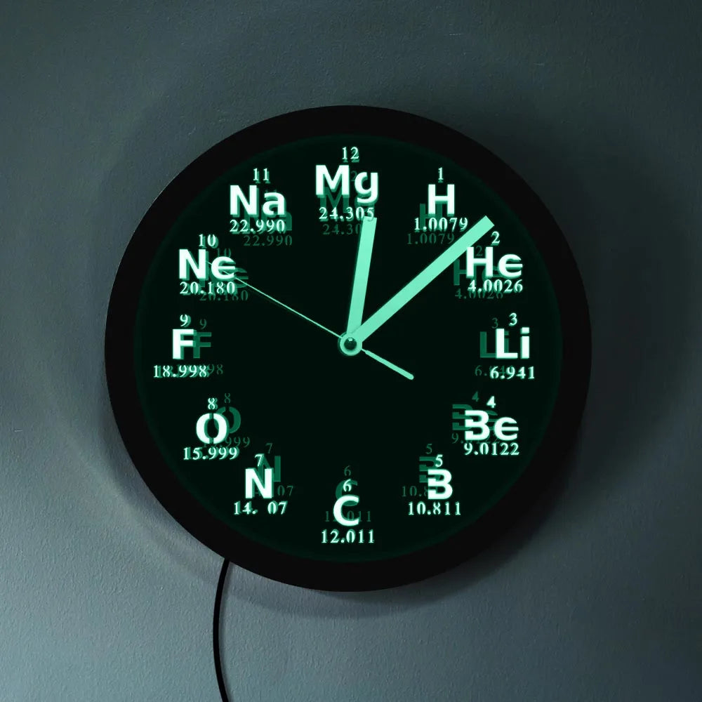 Periodic Table Element Wall Clock Science Chemical Elements LED Neon Lighting Wall Art Watch Chemistry Science Teachers Gift