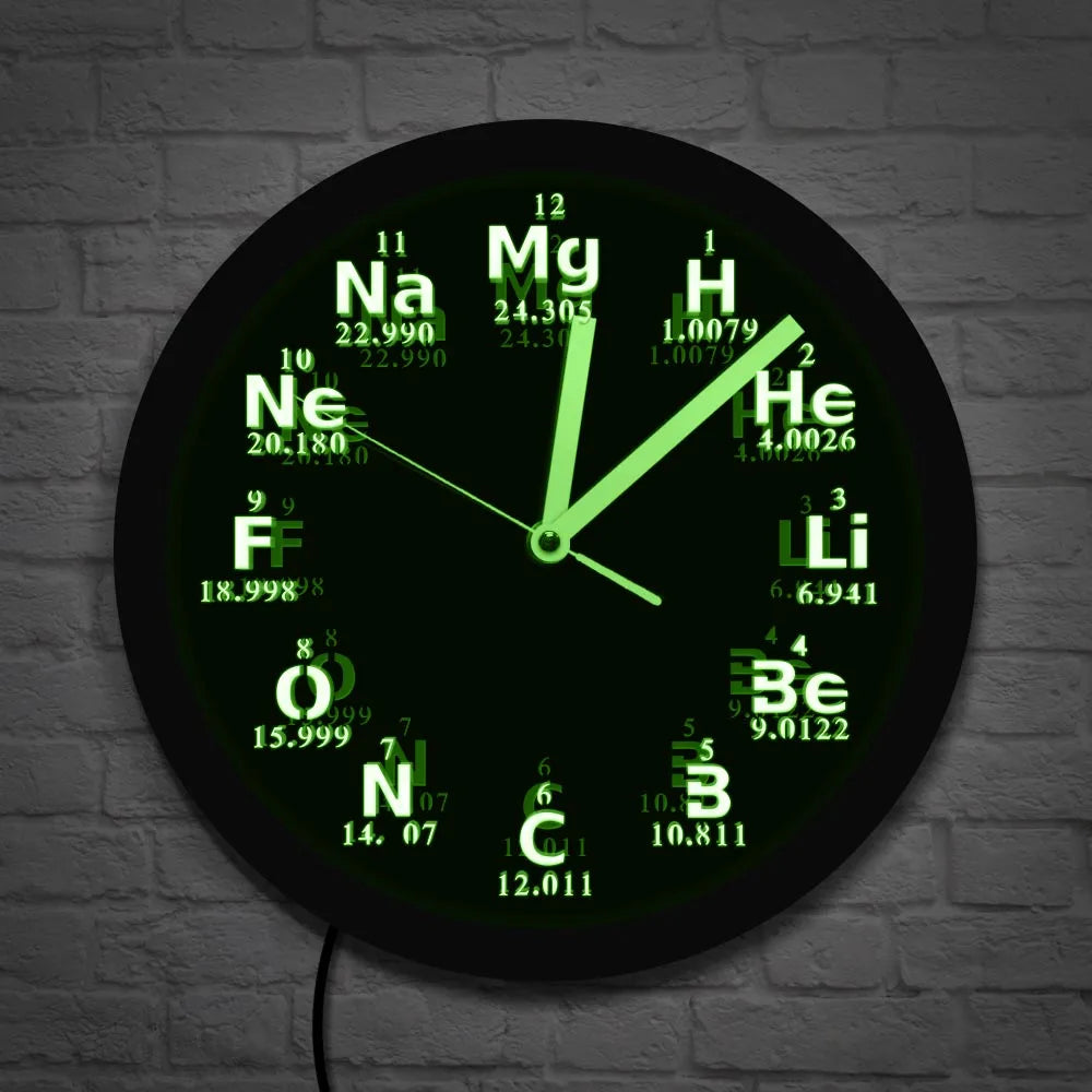 Periodic Table Element Wall Clock Science Chemical Elements LED Neon Lighting Wall Art Watch Chemistry Science Teachers Gift