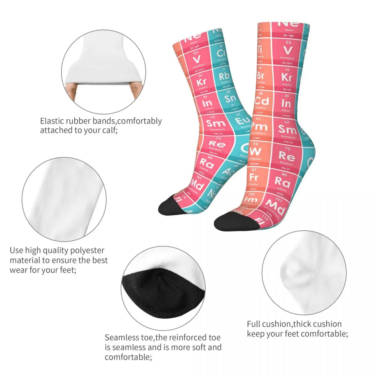 Funny Men's Socks Harajuku Vintage Periodic Table of the Elements Hip Hop Casual Crew Sock Gift Pattern Printed