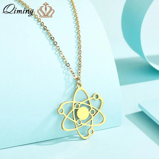QIMING Stainless Steel Carbon Atom Pendant Necklace For Women Planet Physics Science Jewelry Greek Necklace Gift